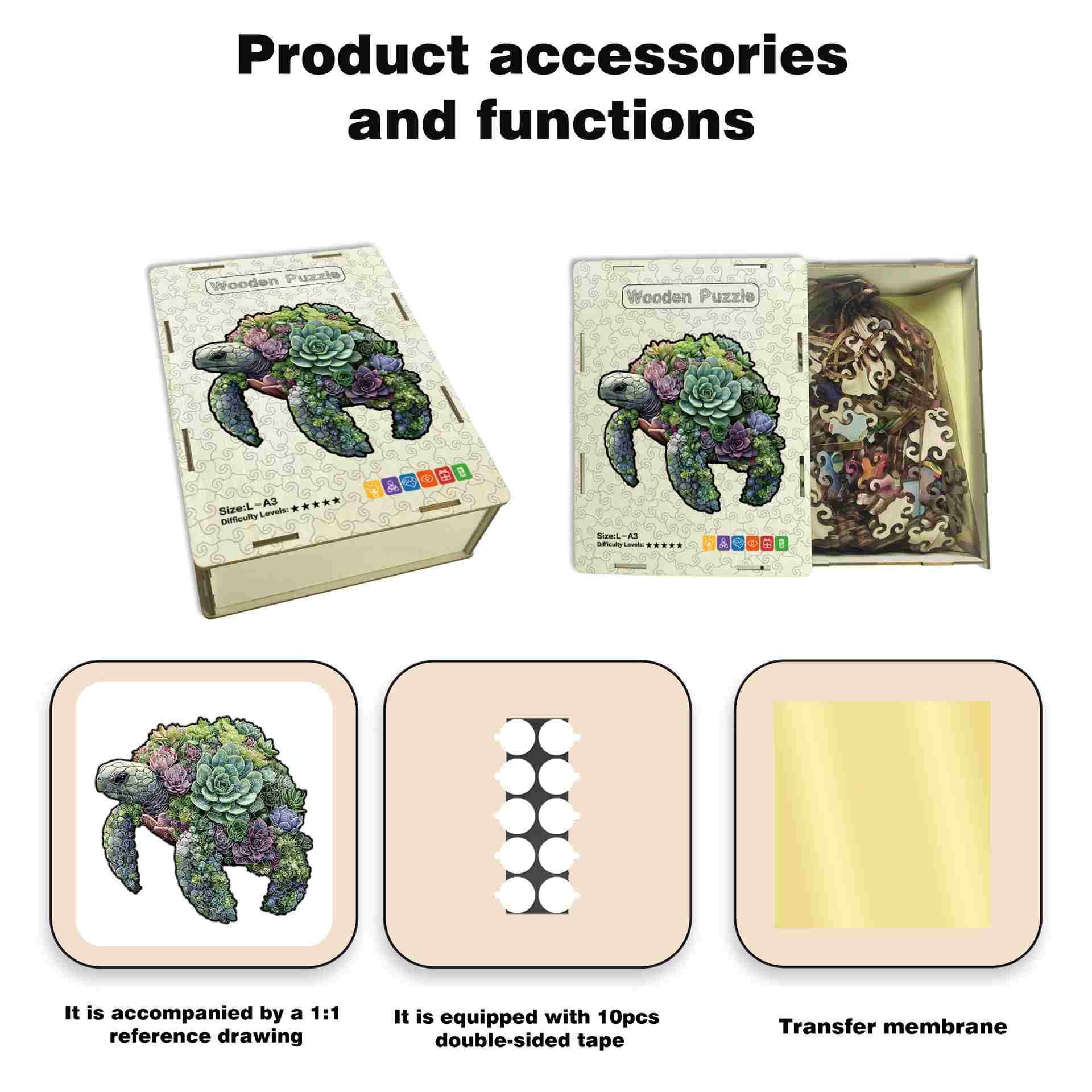 Product accessories and functions including a puzzle, reference drawing, double-sided tape, and transfer membrane.