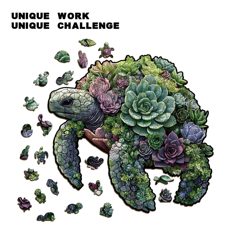 Tortoise Puzzle made of succulents with 'Unique Work Unique Challenge' text