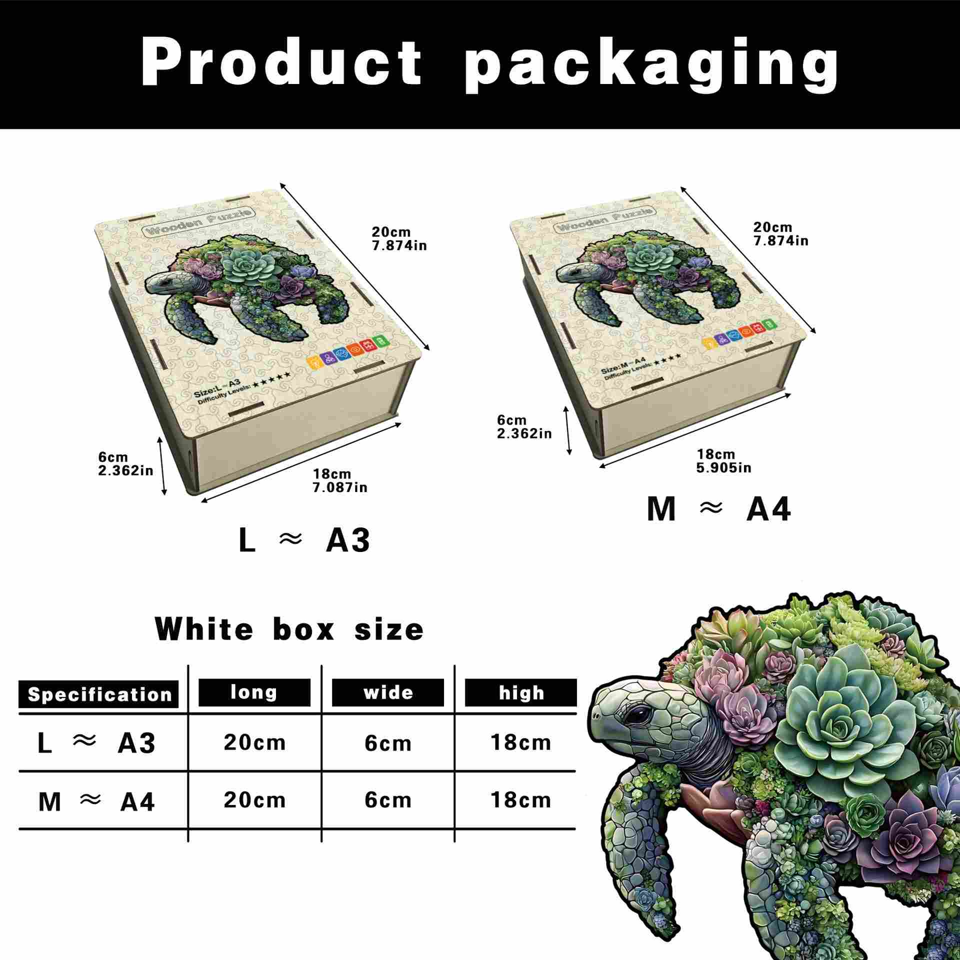 Product packaging with turtle design, dimensions, and specifications.