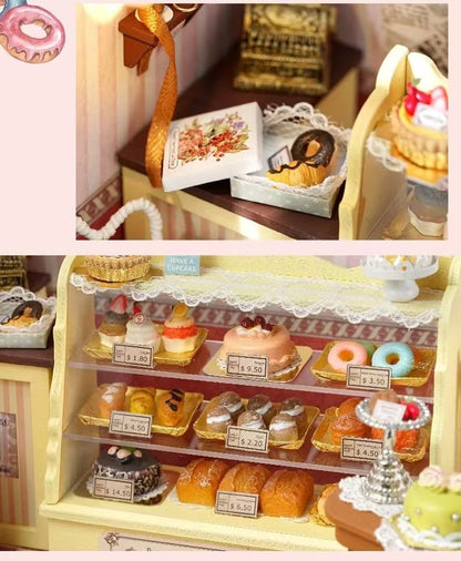 image displaying the miniature dessert cabinet stocked with a variety of desserts in Sweet Berries Time DIY Dollhouse