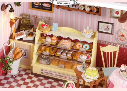 image displaying the miniature dessert cabinet and retro wallpaper and floor in Sweet Berries Time DIY Dollhouse