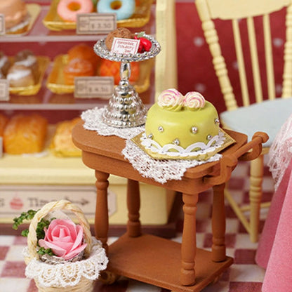 image displaying the realistic desserts on the tiny trolley in Sweet Berries Time DIY Dollhouse