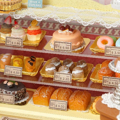 close up the desserts displayed in the cabinet in Sweet Berries Time DIY Dollhouse Kit