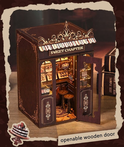 mini wooden book nook with openable door, resembling a miniature dessert store