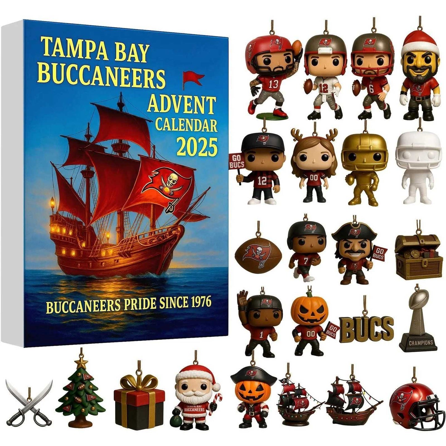 Tampa Bay Buccaneers Advent Calendar 2025 with collectible figures and ship model.