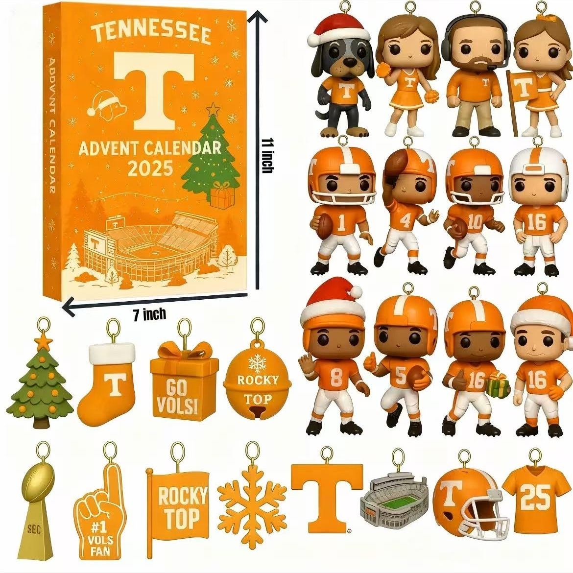 Tennessee Advent Calendar 2025 with figures and decorations in orange and black.