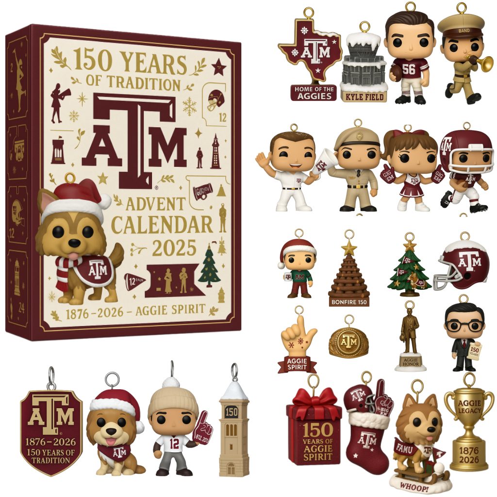 Advent calendar with Texas A&M-themed figurines and decorations