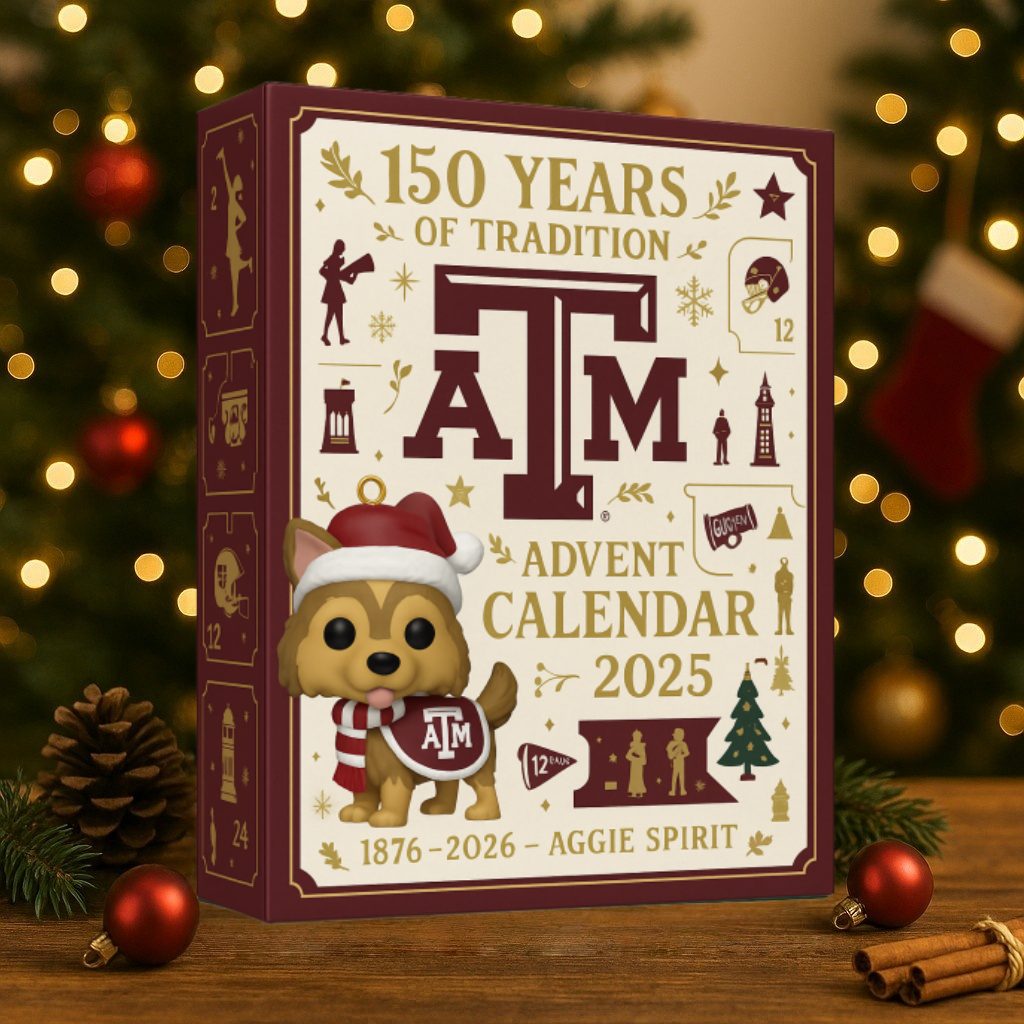 Advent calendar for Texas A&M University with festive decorations on a wooden surface.