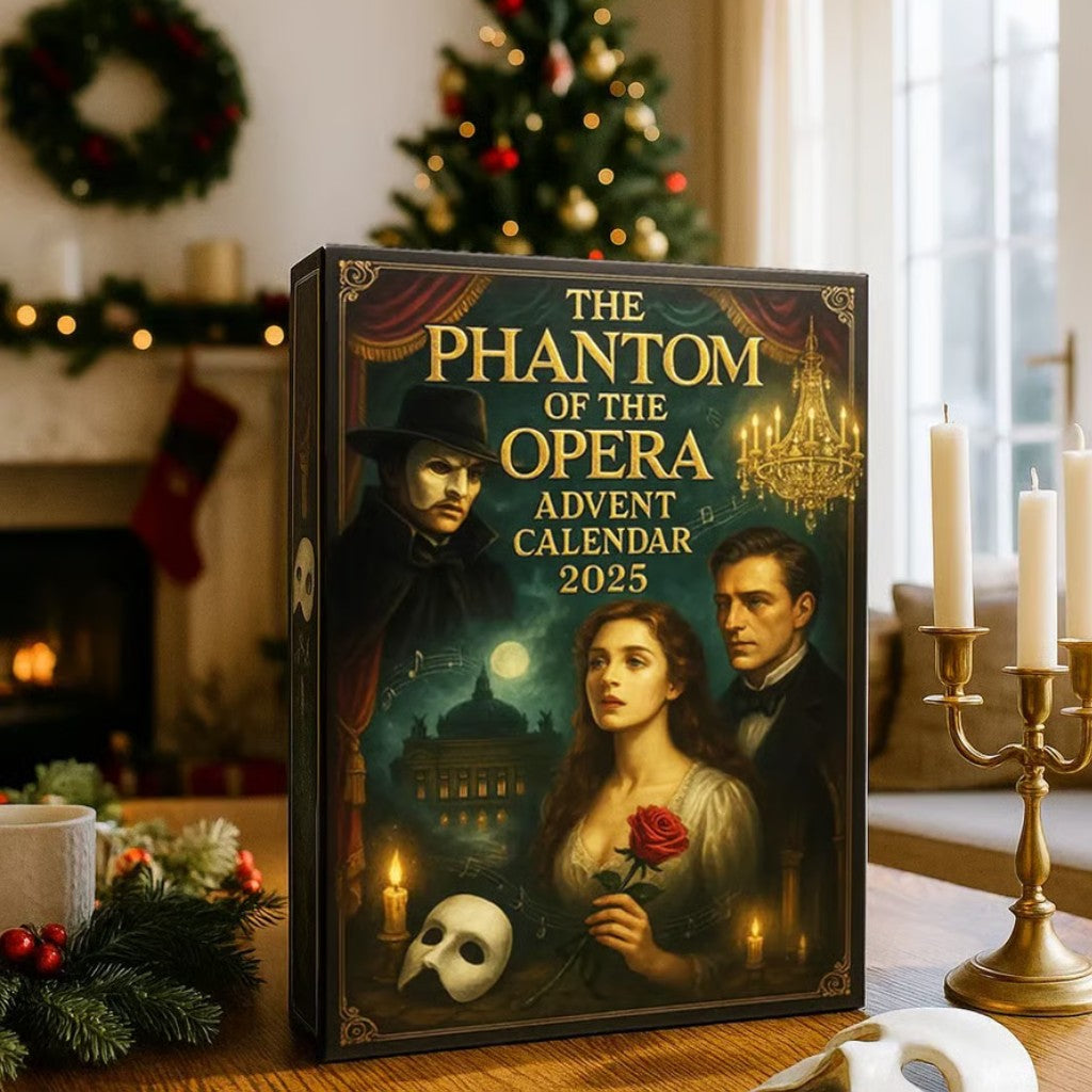 Advent calendar for 'The Phantom of the Opera' with festive decorations in the background