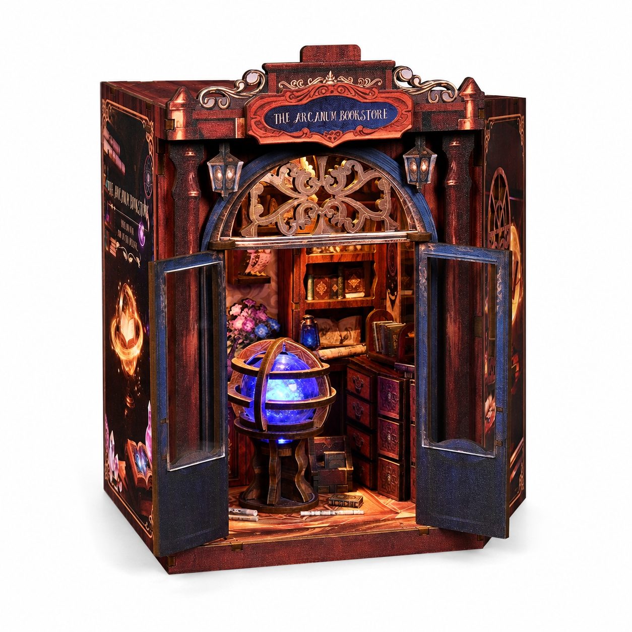A miniature wizarding shop diorama titled 'The Astronomy Shop' with open doors revealing a detailed interior featuring a glowing blue crystal ball, shelves, and magical props, set against a plain white background.