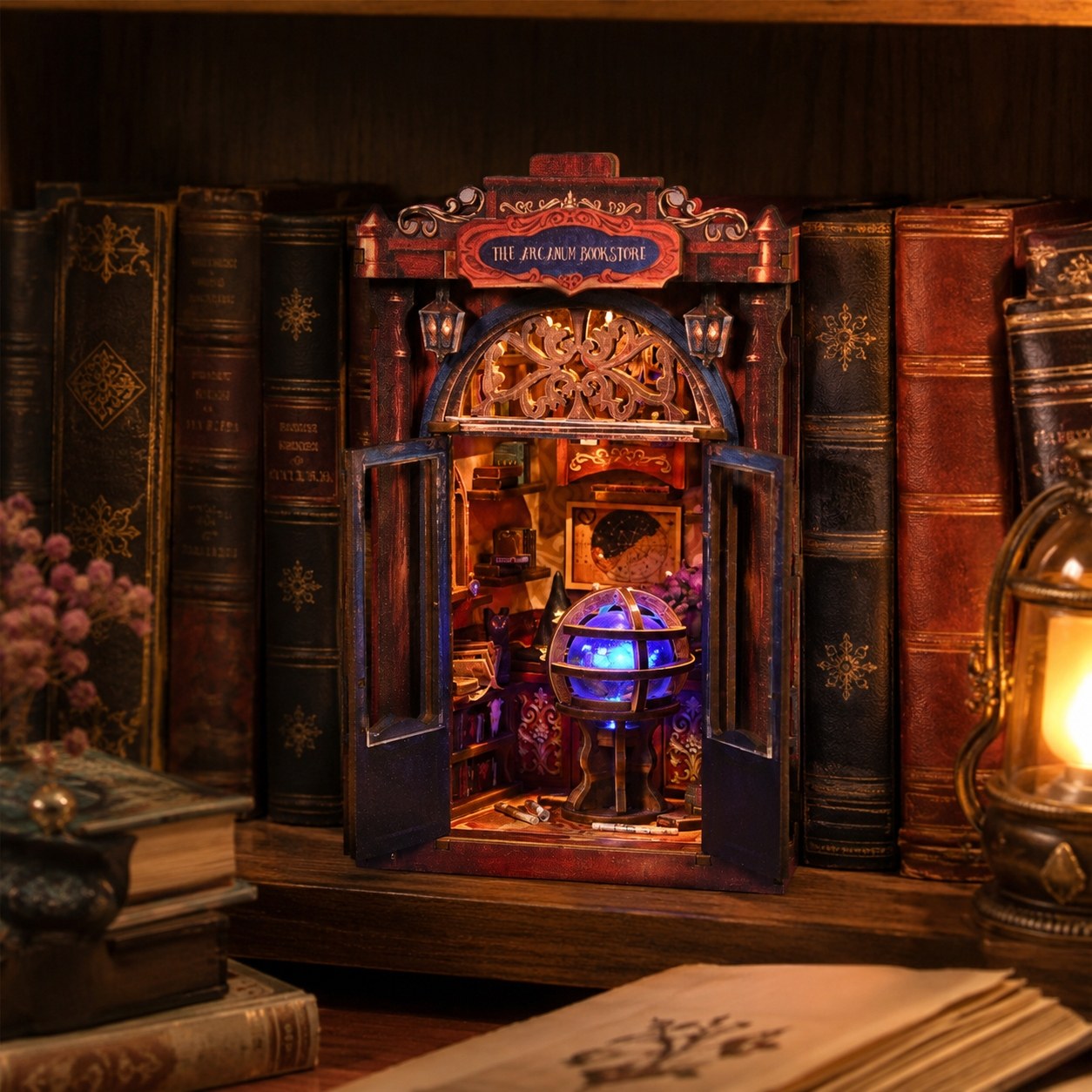 A fantasy miniature wooden bookcase or book nook display filled with vintage-style books and a glowing blue globe, styled on a wooden shelf among real books and a lantern.