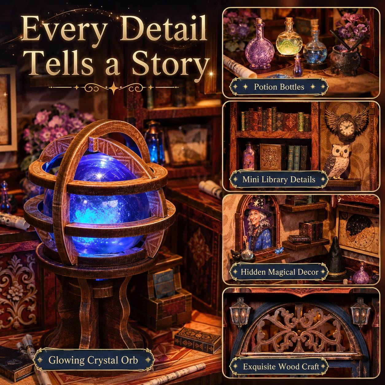 A collage for a magic-themed miniature collection, featuring a large glowing blue crystal orb in an ornate wooden armillary sphere on a pedestal. The left side has text reading 'Every Detail Tells a Story.