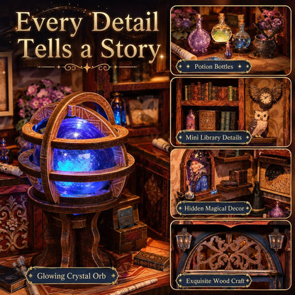 A collage for a magic-themed miniature collection, featuring a large glowing blue crystal orb in an ornate wooden armillary sphere on a pedestal. The left side has text reading 'Every Detail Tells a Story.