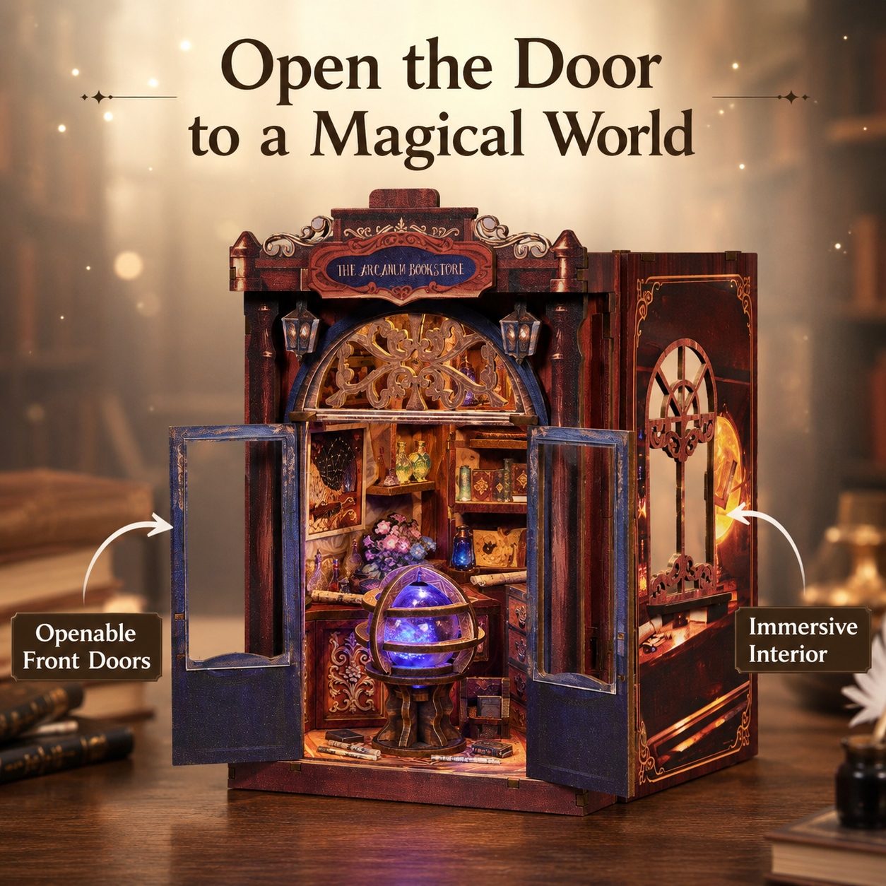A decorative miniature fantasy bookcase or magical room display with open front doors, shown on a wooden surface with promotional text reading 'Open the Door to a Magical World' and callout labels for the openable front doors and immersive interior.