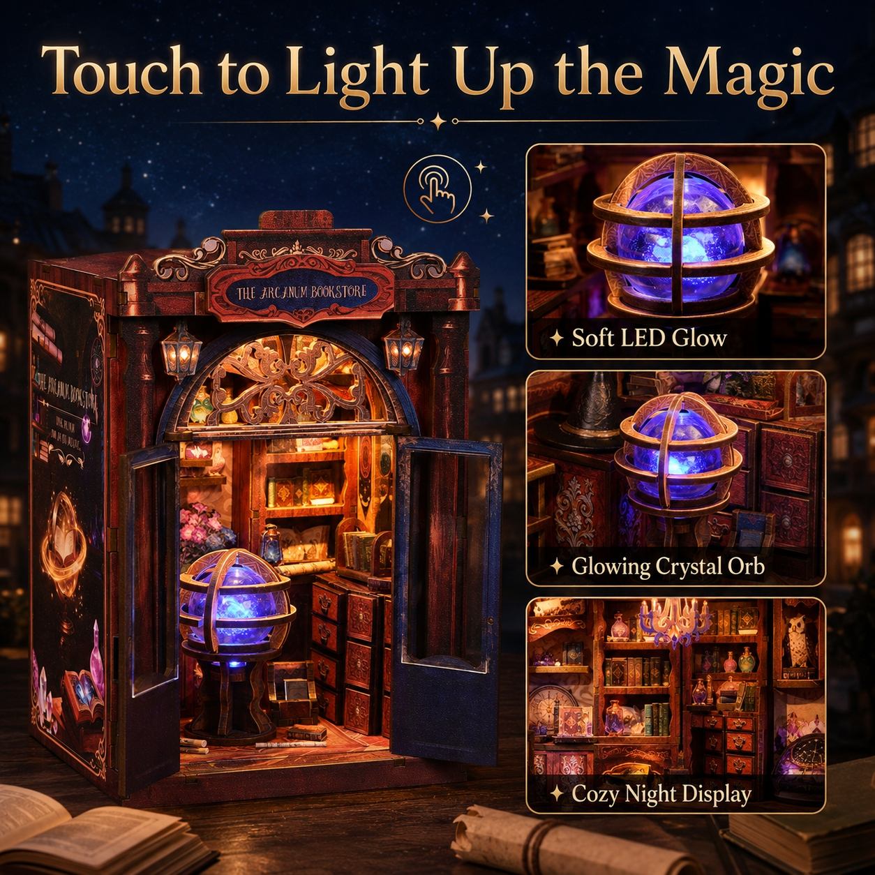 A fantasy-themed miniature display cabinet labeled 'The Fairy Book Exorcise' shown open at night, with a glowing blue orb and warm amber interior lighting. The image includes marketing text reading 'Touch to Light Up the Magic' and three inset close-ups highlighting soft LED glow, a glowing crystal orb, and a cozy night display.