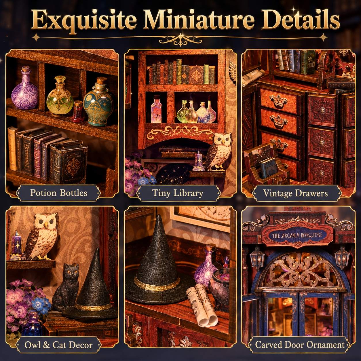A collage titled 'Exquisite Miniature Details' showing six small-scale decorative scenes: potion bottles on shelves, a tiny library with books and an owl, vintage drawers, owl and cat decor, a wizard hat with scrolls, and a carved door ornament. The layout uses warm brown wood tones, purple accents, and ornate labels on a dark background.
