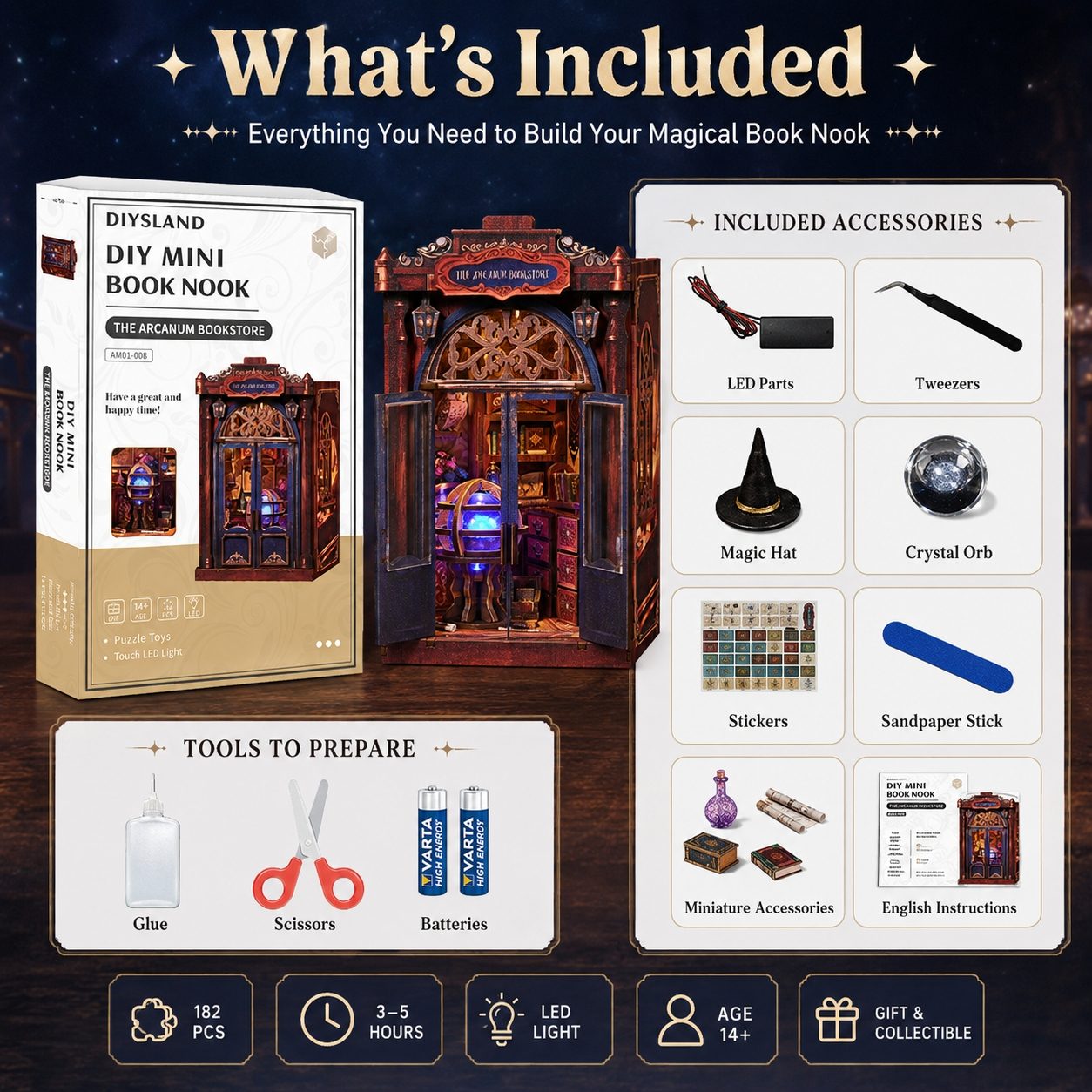 A product graphic for the Diysland DIY Mini Book Nook kit, showing the retail box, an assembled decorative book nook structure, included accessories, tools, and icons on a dark starry background.