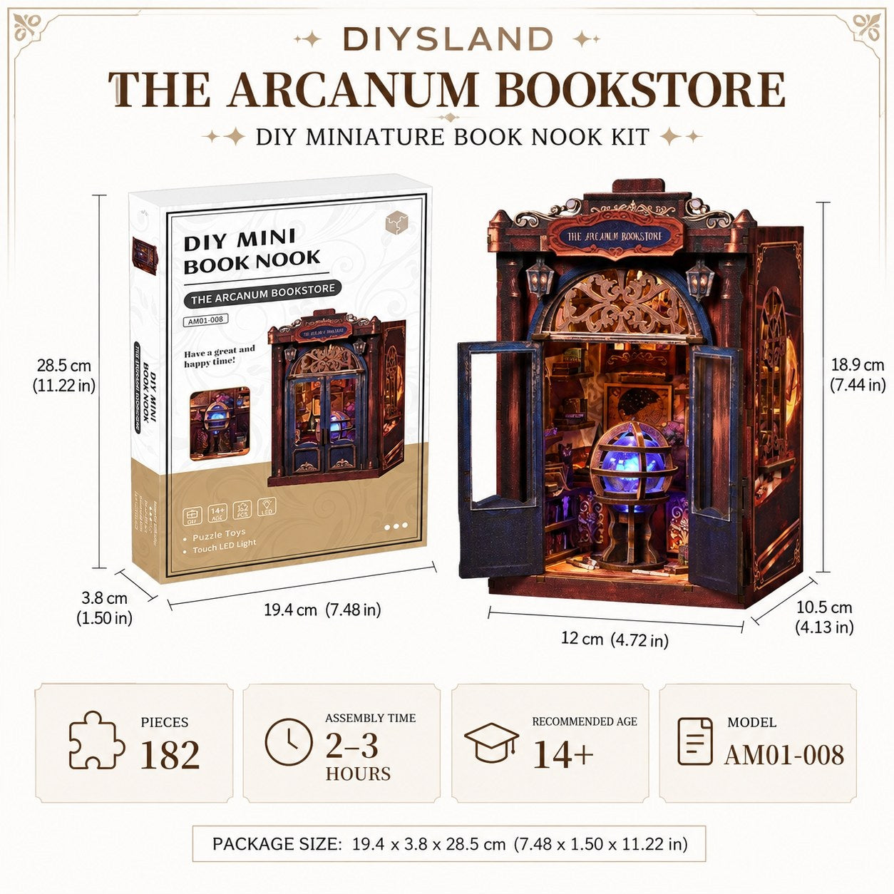 DIYSLAND The Arcanum Bookstore DIY Miniature Book Nook Kit, showing the assembled wooden miniature library with glowing blue and purple interior details, alongside its retail packaging box. The image includes dimension measurements for both the assembled structure and the box, along with feature icons indicating 182 pieces, 2-3 hours assembly time, recommended age 14+, and package size.