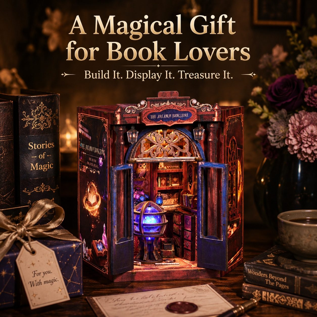 A magic-themed wooden miniature book nook displayed on a table in a cozy, dimly lit room. The box is open, revealing a miniature magical library interior with a glowing blue orb and warm amber lighting.