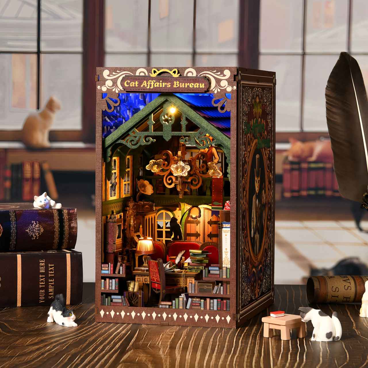 image displaying the A side miniature scene of The Cat Bureau DIY Book Nook Kit