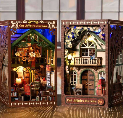 image displaying the double-sided miniature scenes of The Cat Bureau DIY Book Nook Kit on table