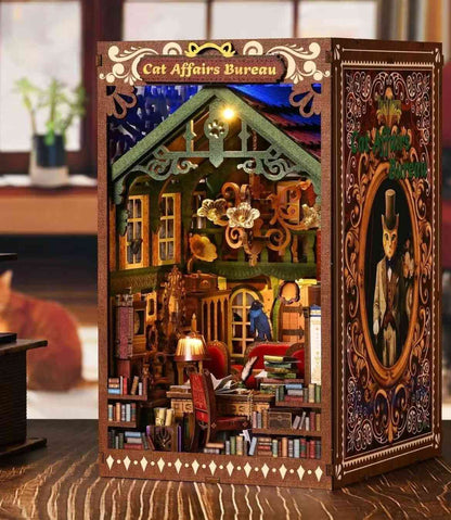 image displaying the A side miniature scene of The Cat Bureau DIY Book Nook Kit