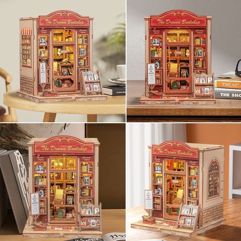Collage of different angles of a miniature bookshop model with 'The Drama Bookshop' sign