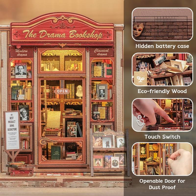 detailed book nook of theater-inspired with features listed 
