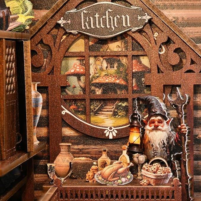 close-up the details inside The Dwarfs’ House Book Nook