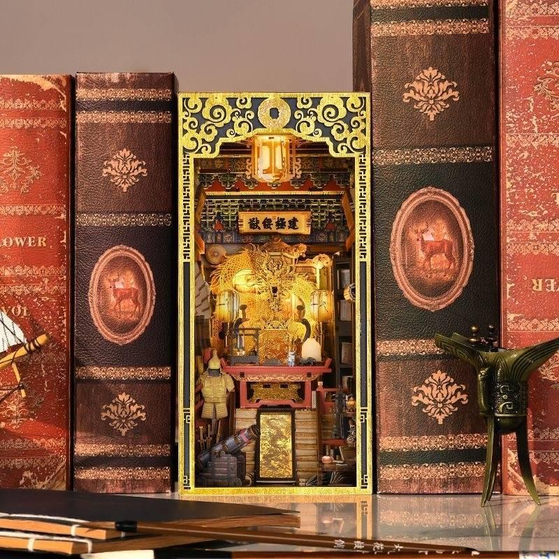 The Emperor's Study DIY Book Nook Kit, a stunning replica of the Chinese Imperial Study. Features abundant miniature scenes, smooth assembly, touch switch light. Perfect for history enthusiasts, book lovers, and DIY hobbyists  alike, bookend lovers, model building lovers, dollhouse collectors, bookshelf insert decor.