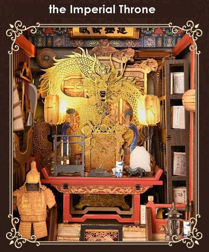 The Emperor's Study DIY Book Nook Kit, a stunning replica of the Chinese Imperial Study. Features abundant miniature scenes, smooth assembly, touch switch light. Perfect for history enthusiasts, book lovers, and DIY hobbyists  alike, bookend lovers, model building lovers, dollhouse collectors, bookshelf insert decor.