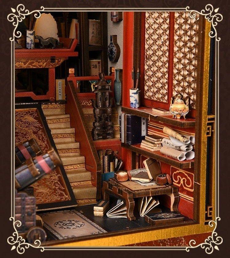 The Emperor's Study DIY Book Nook Kit, a stunning replica of the Chinese Imperial Study. Features abundant miniature scenes, smooth assembly, touch switch light. Perfect for history enthusiasts, book lovers, and DIY hobbyists  alike, bookend lovers, model building lovers, dollhouse collectors, bookshelf insert decor.