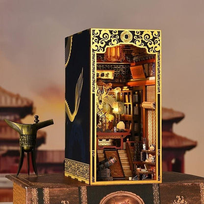 The Emperor's Study DIY Book Nook Kit, a stunning replica of the Chinese Imperial Study. Features abundant miniature scenes, smooth assembly, touch switch light. Perfect for history enthusiasts, book lovers, and DIY hobbyists  alike, bookend lovers, model building lovers, dollhouse collectors, bookshelf insert decor.