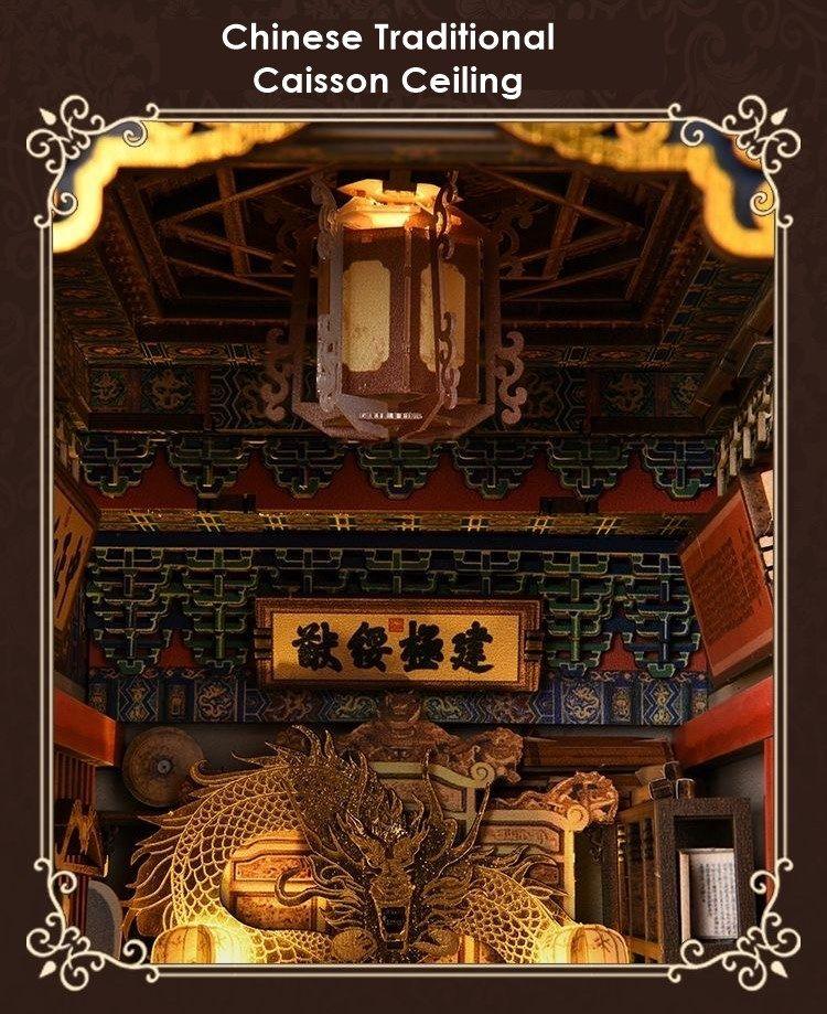 The Emperor's Study DIY Book Nook Kit, a stunning replica of the Chinese Imperial Study. Features abundant miniature scenes, smooth assembly, touch switch light. Perfect for history enthusiasts, book lovers, and DIY hobbyists  alike, bookend lovers, model building lovers, dollhouse collectors, bookshelf insert decor.