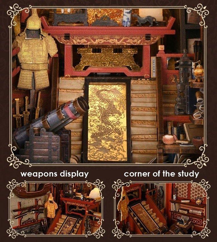 The Emperor's Study DIY Book Nook Kit, a stunning replica of the Chinese Imperial Study. Features abundant miniature scenes, smooth assembly, touch switch light. Perfect for history enthusiasts, book lovers, and DIY hobbyists  alike, bookend lovers, model building lovers, dollhouse collectors, bookshelf insert decor.