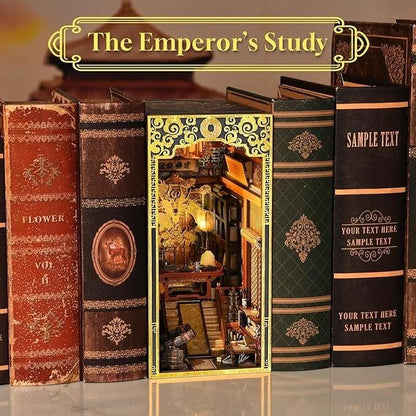 The Emperor's Study DIY Book Nook Kit, a stunning replica of the Chinese Imperial Study. Features abundant miniature scenes, smooth assembly, touch switch light. Perfect for history enthusiasts, book lovers, and DIY hobbyists  alike, bookend lovers, model building lovers, dollhouse collectors, bookshelf insert decor.