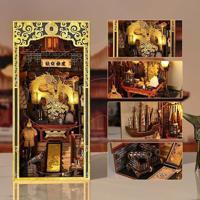 The Emperor's Study DIY Book Nook Kit, a stunning replica of the Chinese Imperial Study. Features abundant miniature scenes, smooth assembly, touch switch light. Perfect for history enthusiasts, book lovers, and DIY hobbyists  alike, bookend lovers, model building lovers, dollhouse collectors, bookshelf insert decor.