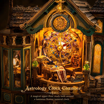 Astrology Clock Chamber miniature dollhouse featuring a large glowing luminescent numeral clock at the center, surrounded by detailed fantasy furniture, shelves, and decorative elements under a gabled roof. Text at the bottom reads 'Astrology Clock Chamber' with a subtitle describing the magical upper-floor study.