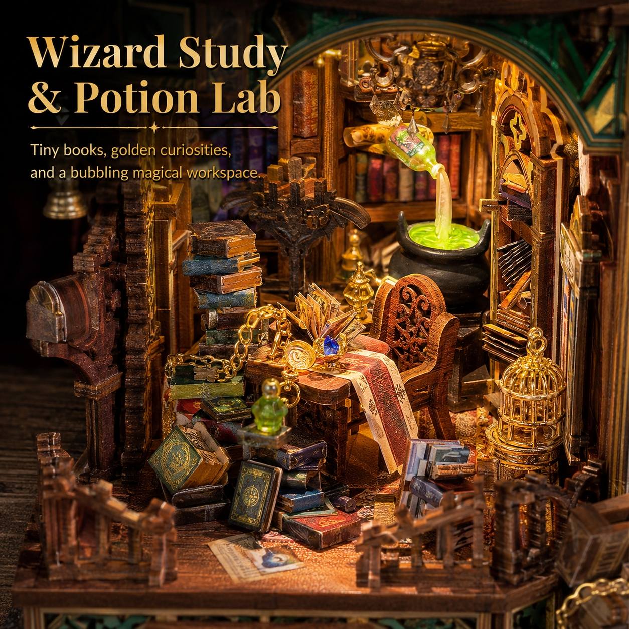 A miniature wizard study and potion lab display with tiny books, golden curiosities, a cauldron of glowing green liquid, shelves, and decorative objects arranged inside a detailed diorama.