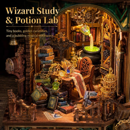 A miniature wizard study and potion lab display with tiny books, golden curiosities, a cauldron of glowing green liquid, shelves, and decorative objects arranged inside a detailed diorama.