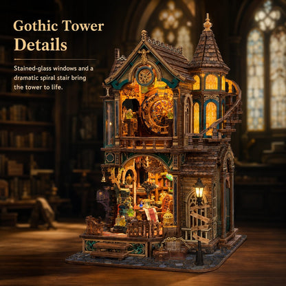 A detailed miniature gothic tower model with warm glowing lights, intricate architectural features, and a spiral staircase, displayed on a wooden surface with a blurred library background. Text on the left reads 'Gothic Tower Details' with descriptive copy.