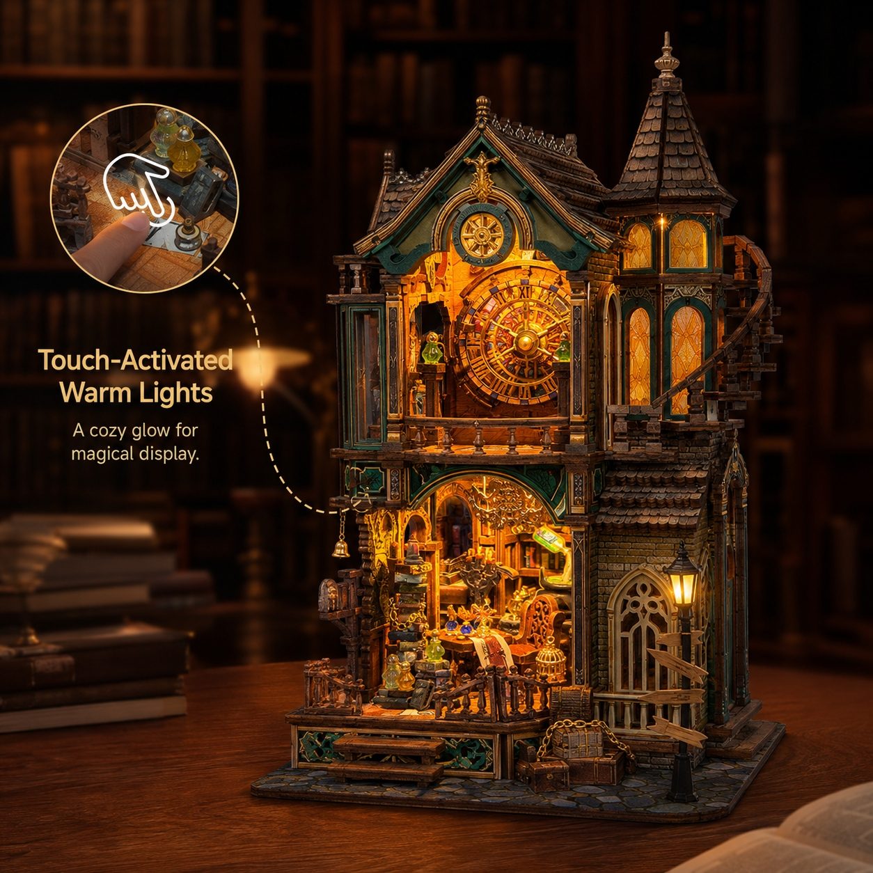 A detailed gothic clock tower model displayed on a wooden table in a dimly lit room. The product features intricate miniature architecture, warm glowing lights, and a circular inset showing a hand touching the top to activate the lights.