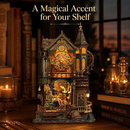 A miniature gothic clockhouse night light with intricate details and warm glowing lights, displayed on a wooden shelf next to books and candles. Text at the top reads 'A Magical Accent for Your Shelf'.