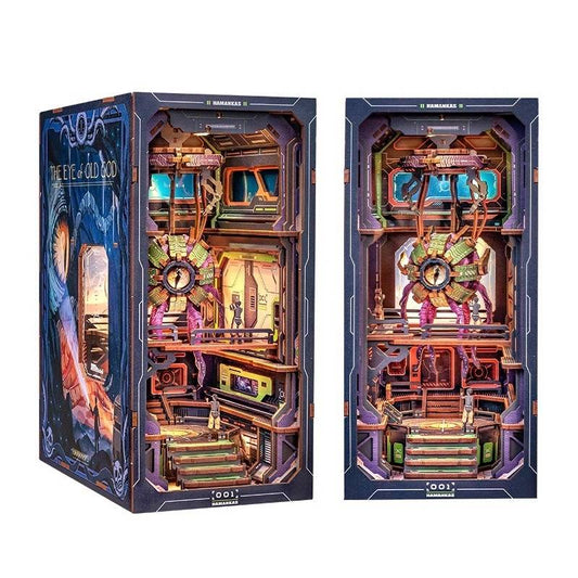 The Eye of Old God DIY Book Nook Kit, a cosmos themed miniature crafts with rich detailed scenes, interactive mechanism, touch switch light, and easy snap-in design, perfect for 3D puzzles bookend lovers, model building lovers, dollhouse collectors, bookshelf insert decor, A great DIY project for space lovers.