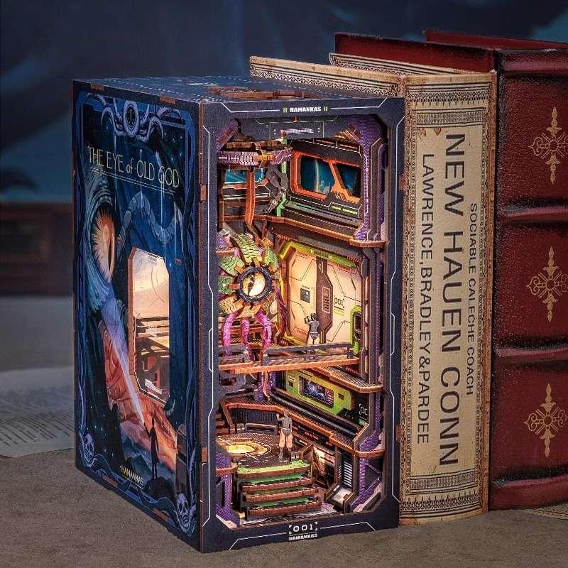 The Eye of Old God DIY Book Nook Kit, a cosmos themed miniature crafts with rich detailed scenes, interactive mechanism, touch switch light, and easy snap-in design, perfect for 3D puzzles bookend lovers, model building lovers, dollhouse collectors, bookshelf insert decor, A great DIY project for space lovers.