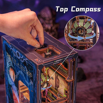 The Eye of Old God DIY Book Nook Kit, a cosmos themed miniature crafts with rich detailed scenes, interactive mechanism, touch switch light, and easy snap-in design, perfect for 3D puzzles bookend lovers, model building lovers, dollhouse collectors, bookshelf insert decor, A great DIY project for space lovers.