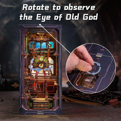 The Eye of Old God DIY Book Nook Kit, a cosmos themed miniature crafts with rich detailed scenes, interactive mechanism, touch switch light, and easy snap-in design, perfect for 3D puzzles bookend lovers, model building lovers, dollhouse collectors, bookshelf insert decor, A great DIY project for space lovers.