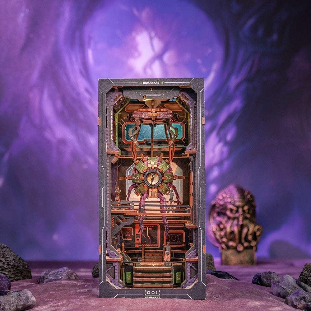 The Eye of Old God DIY Book Nook Kit, a cosmos themed miniature crafts with rich detailed scenes, interactive mechanism, touch switch light, and easy snap-in design, perfect for 3D puzzles bookend lovers, model building lovers, dollhouse collectors, bookshelf insert decor, A great DIY project for space lovers.