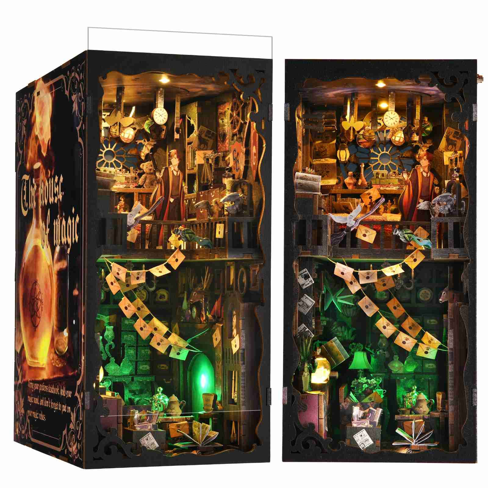 image displaying the two assembled The House of Magic DIY Book Nook Kit, to showcase its right side and front side view