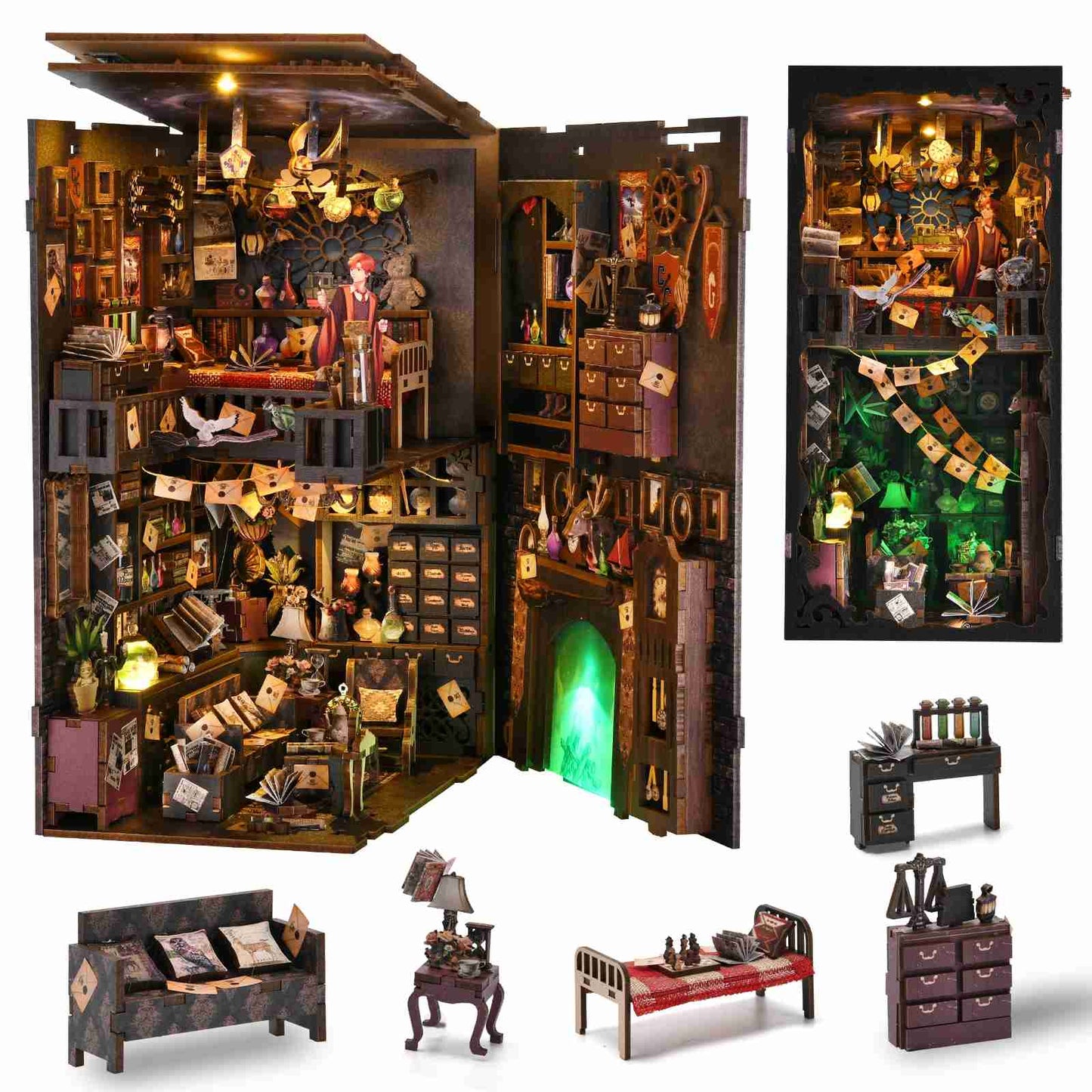 image displaying the interior structure design in The House of Magic DIY Book Nook Kit and miniature furniture of it, including couch, side table, bed, workbench and so on